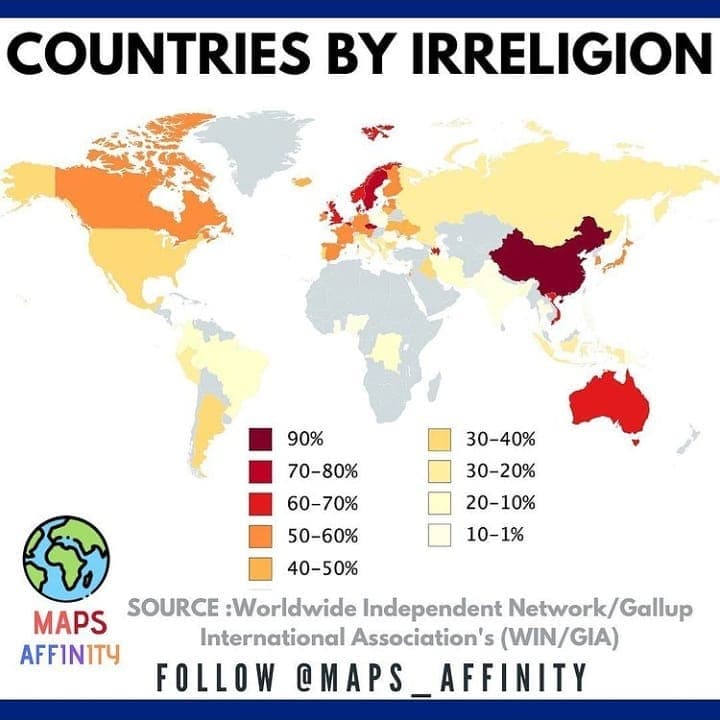 Irreligion, which may include deism, agnosticism, ignosticism, anti-religion, atheism, skepticism, ietsism, spiritual but not religious, freethought, anti-theism, apatheism, non-belief, pandeism, secular humanism, non-religious theism, pantheism and panentheism, varies in the countries around the world.