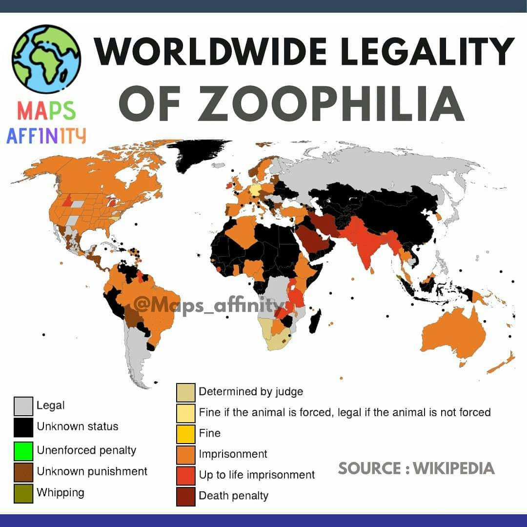 The legality of Zoophilia / Beastiality by country or territory concerns the laws governing humans performing sex acts with non-human animals. 