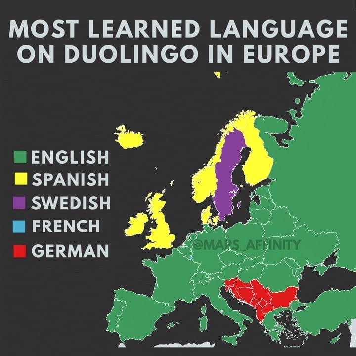 Most Learned Language in Europe by Country on Duolingo .