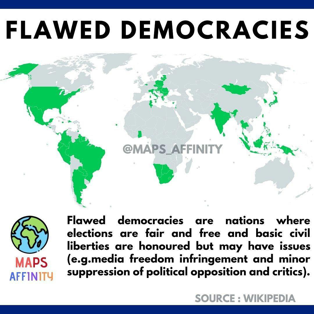 Flawed democracies are nations where elections are fair and free and basic civil liberties are honoured but may have issues (e.g. media freedom infringement and minor suppression of political opposition and critics). These nations have significant faults in other democratic aspects, including underdeveloped political culture, low levels of participation in politics, and issues in the functioning of governance.