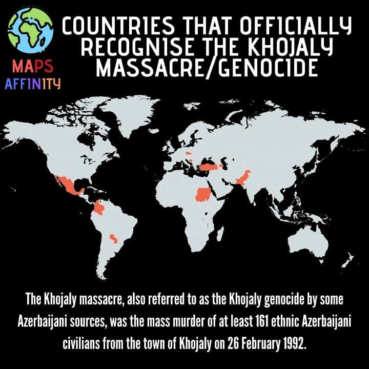 The Khojaly massacre, also referred to as the Khojaly genocide by some Azerbaijani sources, was the mass murder of at least 161 ethnic Azerbaijani civilians from the town of Khojaly on 26 February 1992. According to the Azerbaijani side, as well as the Memorial Human Rights Center, Human Rights Watch and other international observers, the massacre was committed by the ethnic Armenian armed forces, with help of some military personnel of the 366th CIS regiment, not acting on orders from the command. The death toll claimed by Azerbaijani authorities is 613 civilians, including 106 women and 63 children. The event became the largest massacre in the course of the Nagorno-Karabakh conflict.