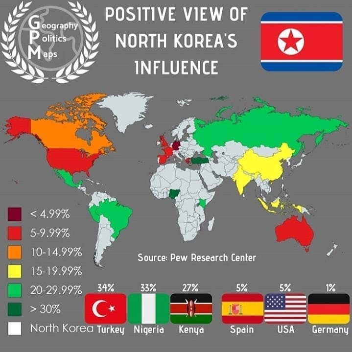 POSITIVE VIEW OF NORTH KOREA'S INFLUENCE BY COUNTRY