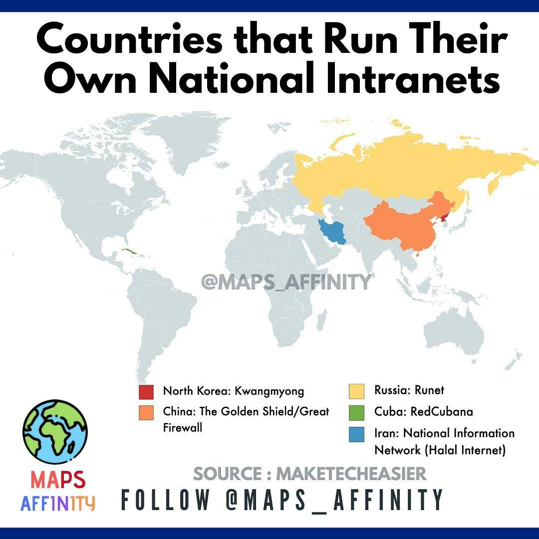 Motivated by the desire to control information and increase national security, some countries have constructed national intranets: walled garden networks usually maintained by the government as a local substitute for the global Internet. 